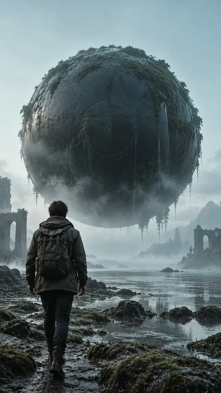 A person approaching a mysterious floating sphere