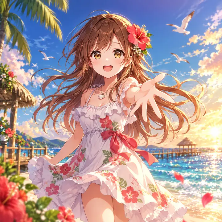 Brightly colored anime-style seaside scene