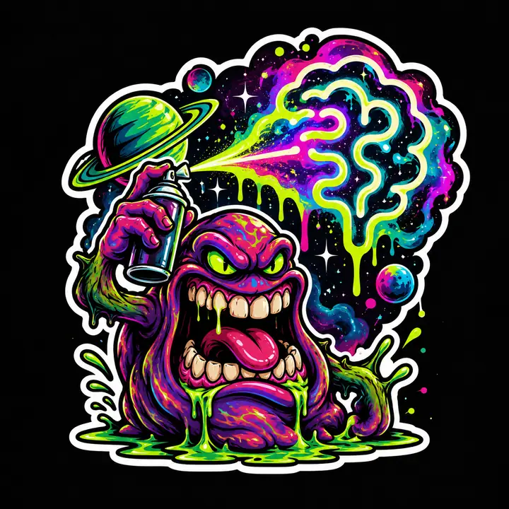 Cosmic monster sticker holding a spray paint can