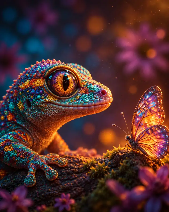 Detailed close-up of a colorful lizard