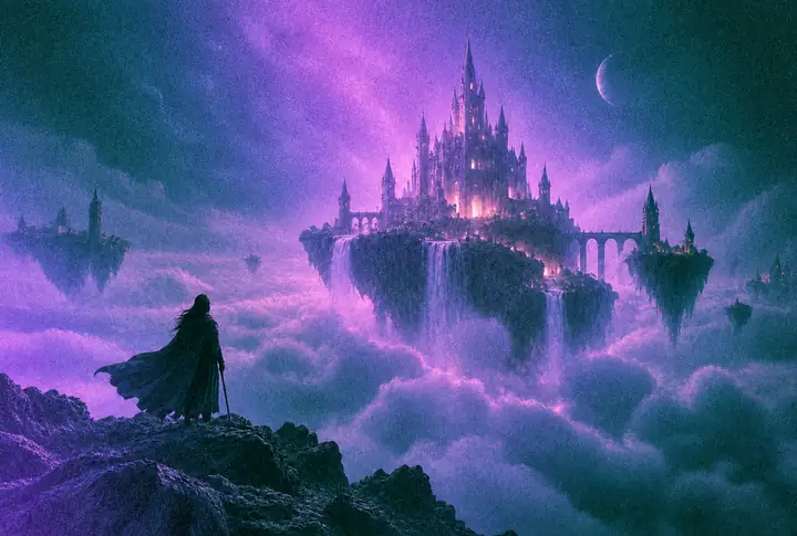 Fantasy castle floating above clouds
