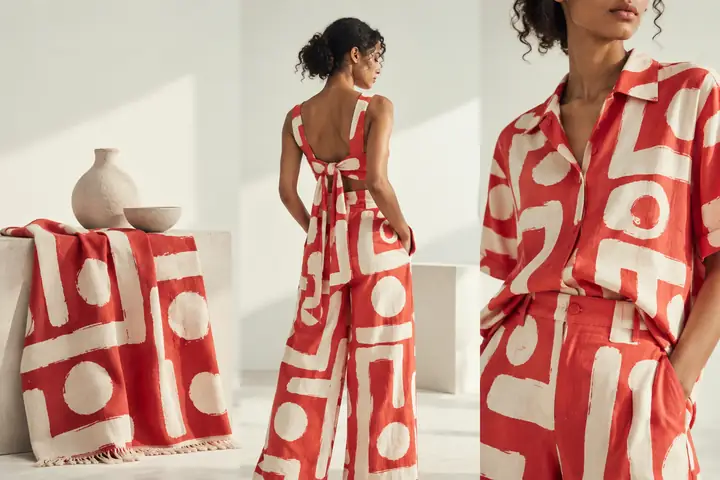 Fashion campaign showing a red and cream geometric collection