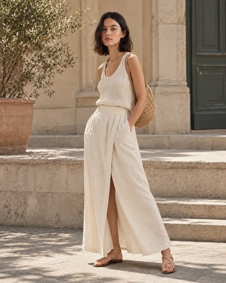 Fashion model wearing a light neutral outfit