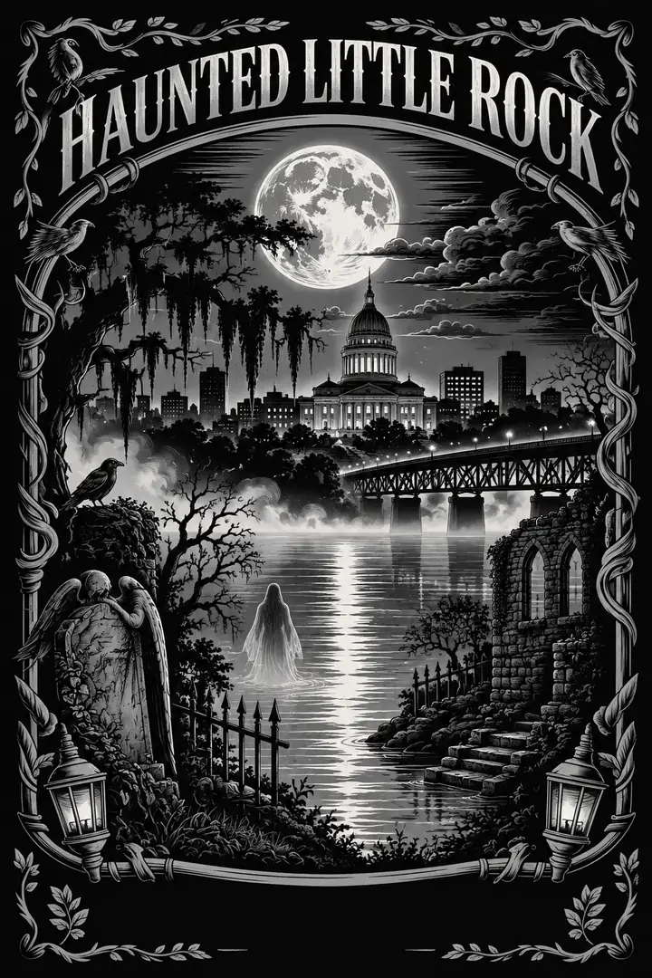 Haunted Little Rock vintage travel poster in black and white