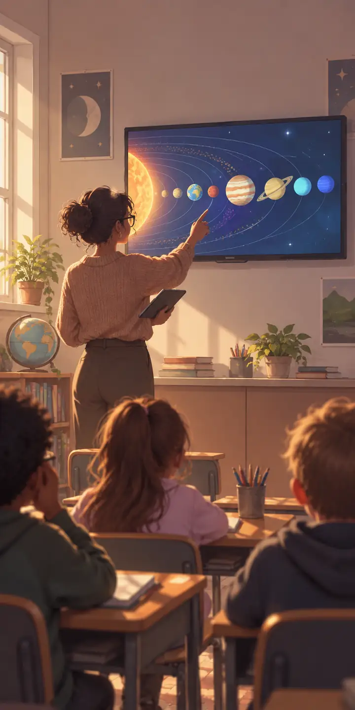 Illustration of a teacher using a classroom television