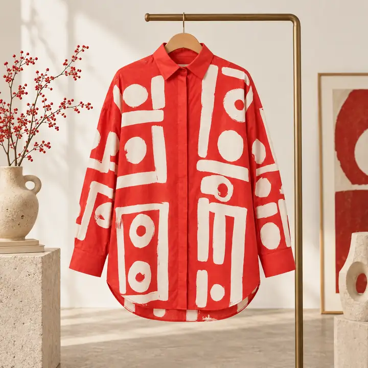 Red and cream geometric shirt on a clothing stand