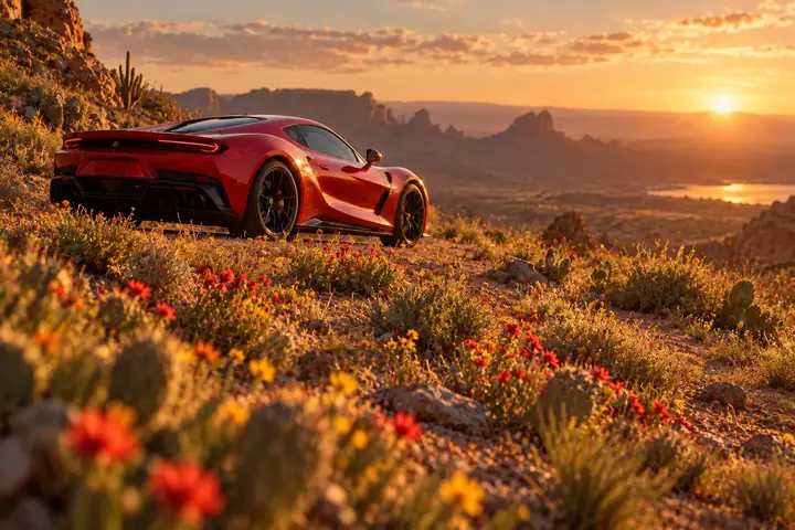 Red sports car in a cinematic desert scene
