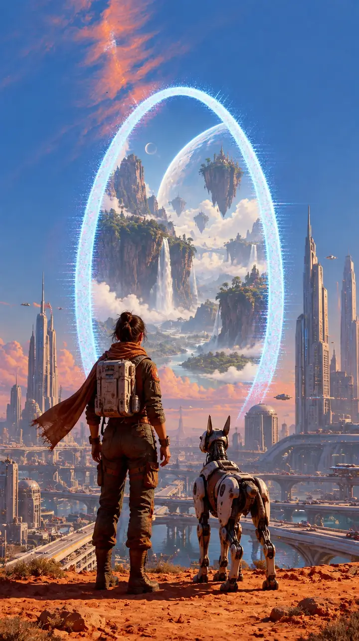 Sci-fi cityscape with a multiverse gate