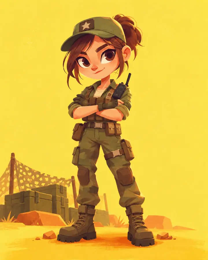 Stylized character in a military-inspired outfit